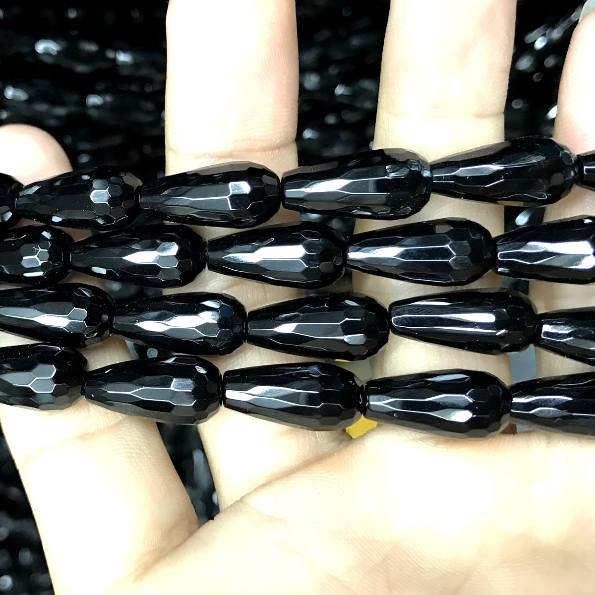 CAG774 Black Agate Beads Faceted Teardrop 8x16mm 15" Strand