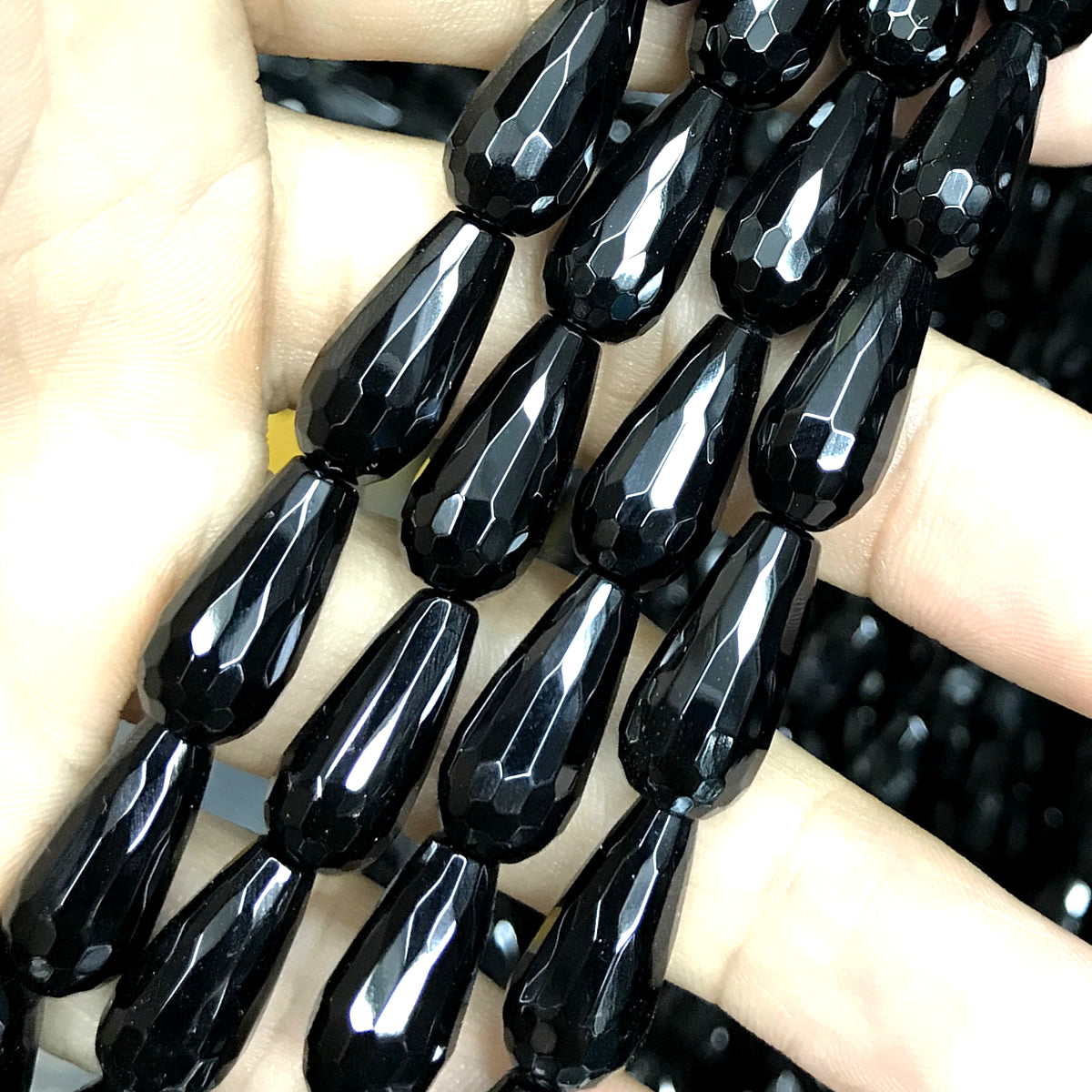 CAG774 Black Agate Beads Faceted Teardrop 8x16mm 15" Strand