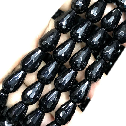 CAG775 Black Agate Beads Faceted Teardrop 8x12mm 15" Strand