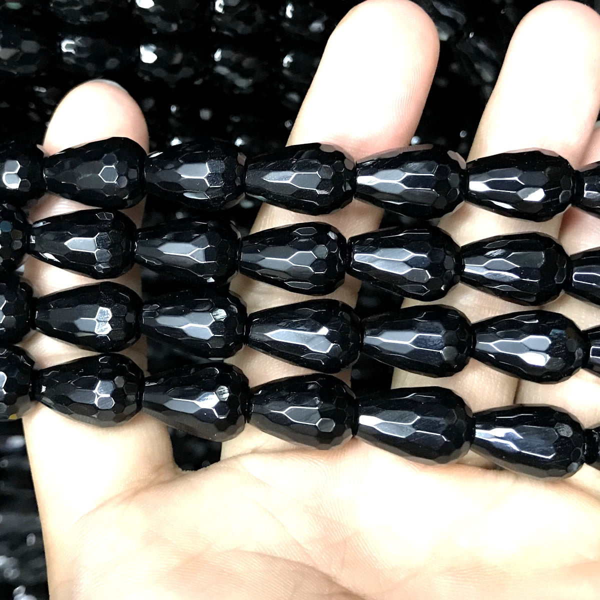 CAG775 Black Agate Beads Faceted Teardrop 8x12mm 15" Strand