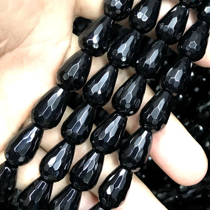 CAG775 Black Agate Beads Faceted Teardrop 8x12mm 15" Strand