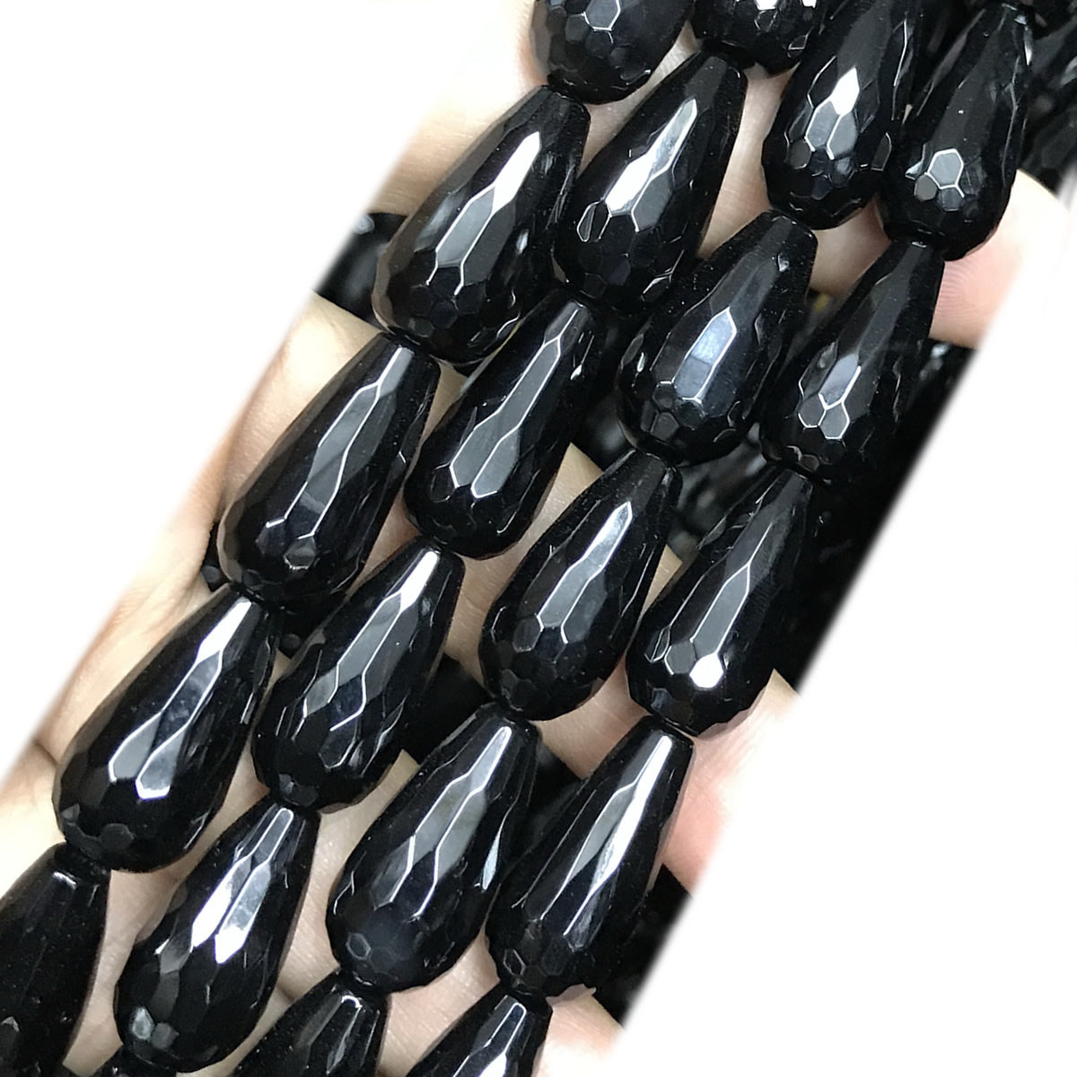 CAG777 Black Agate Beads Faceted Teardrop 10x20mm 15" Strand