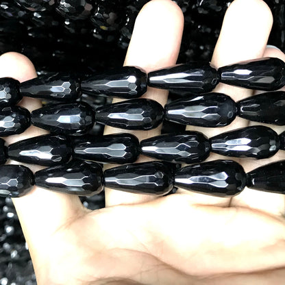 CAG777 Black Agate Beads Faceted Teardrop 10x20mm 15" Strand