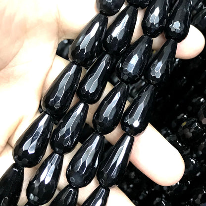 CAG777 Black Agate Beads Faceted Teardrop 10x20mm 15" Strand