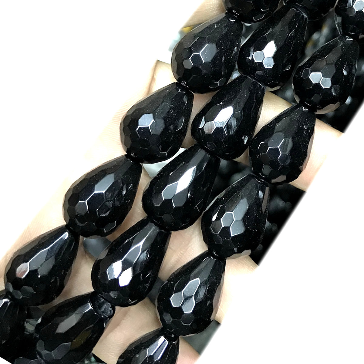 CAG778 Black Agate Beads Faceted Teardrop 13x18mm 15" Strand