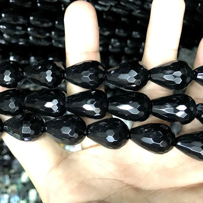 CAG778 Black Agate Beads Faceted Teardrop 13x18mm 15" Strand