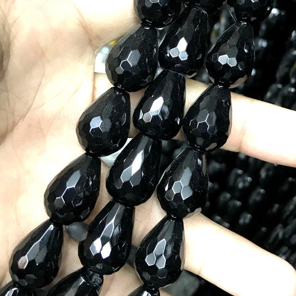 CAG778 Black Agate Beads Faceted Teardrop 13x18mm 15" Strand