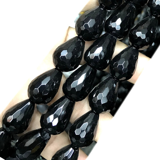 CAG779 Black Agate Beads Faceted Teardrop 15x20mm 15" Strand