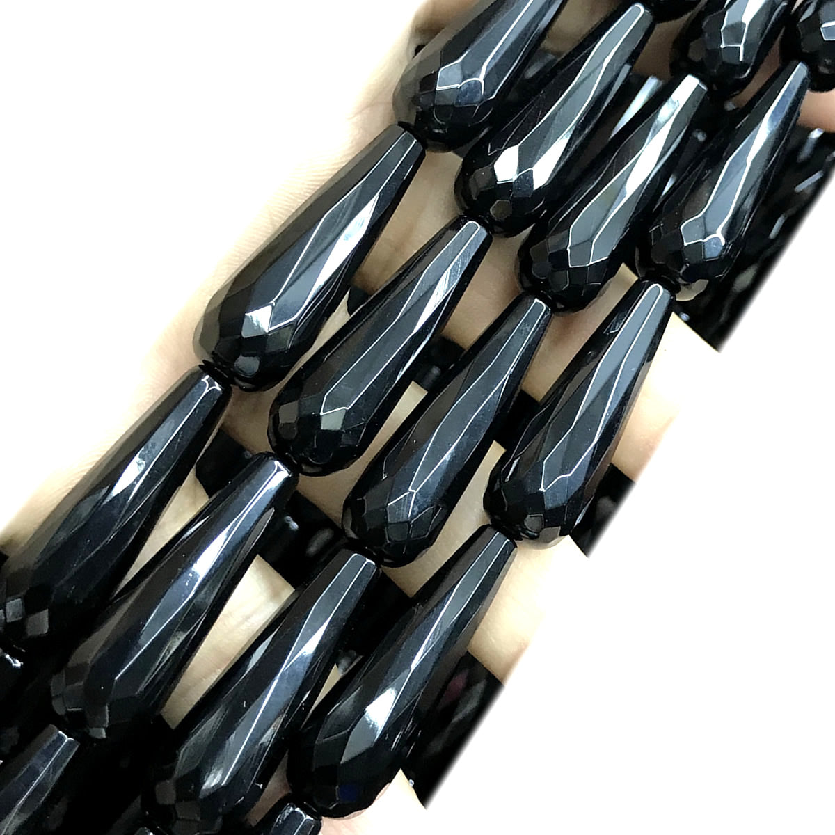 CAG782 Black Agate Beads Faceted Teardrop 10x30mm 15" Strand