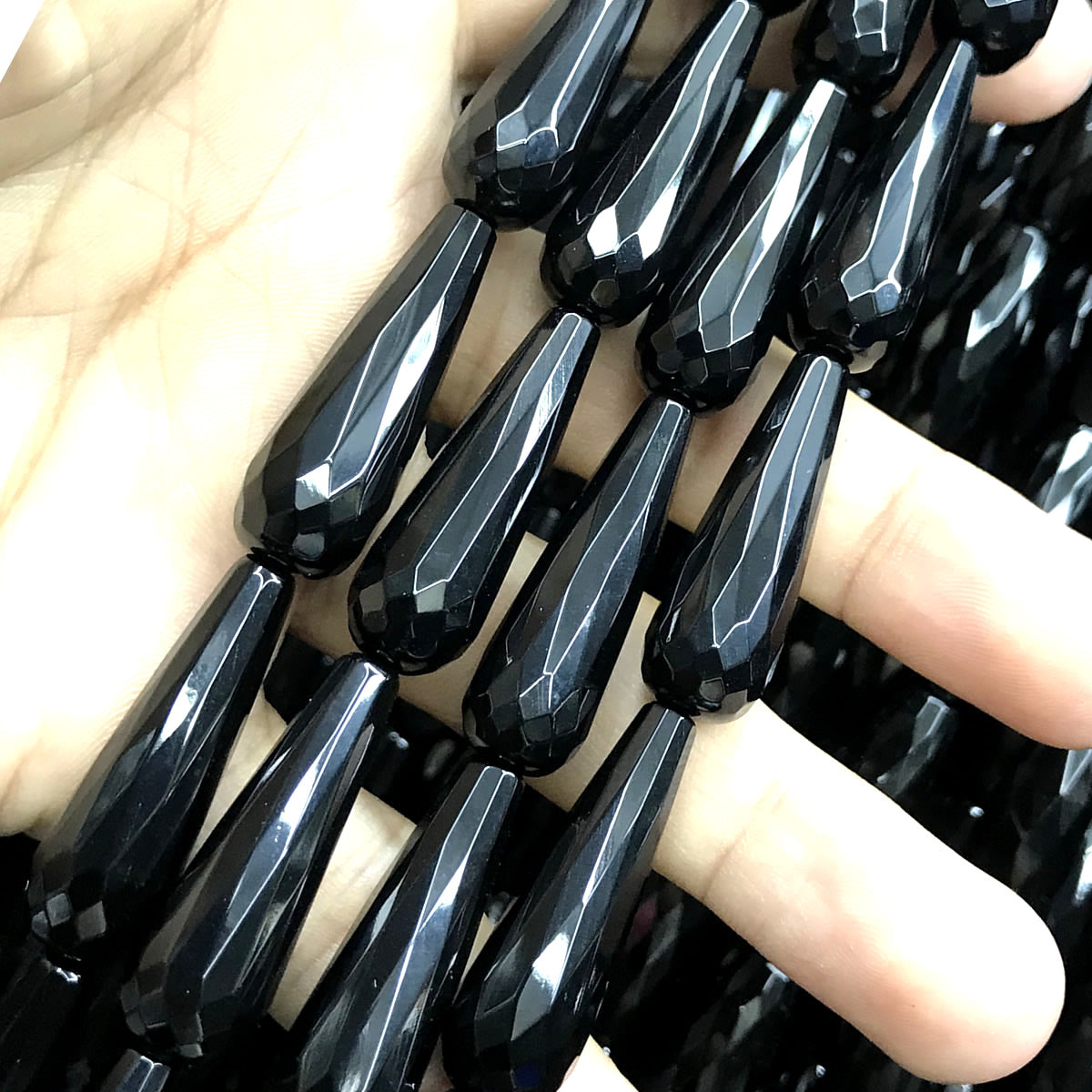 CAG782 Black Agate Beads Faceted Teardrop 10x30mm 15" Strand