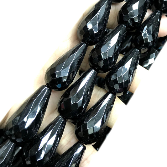 CAG783 Black Agate Beads Faceted Teardrop 15x30mm 15" Strand