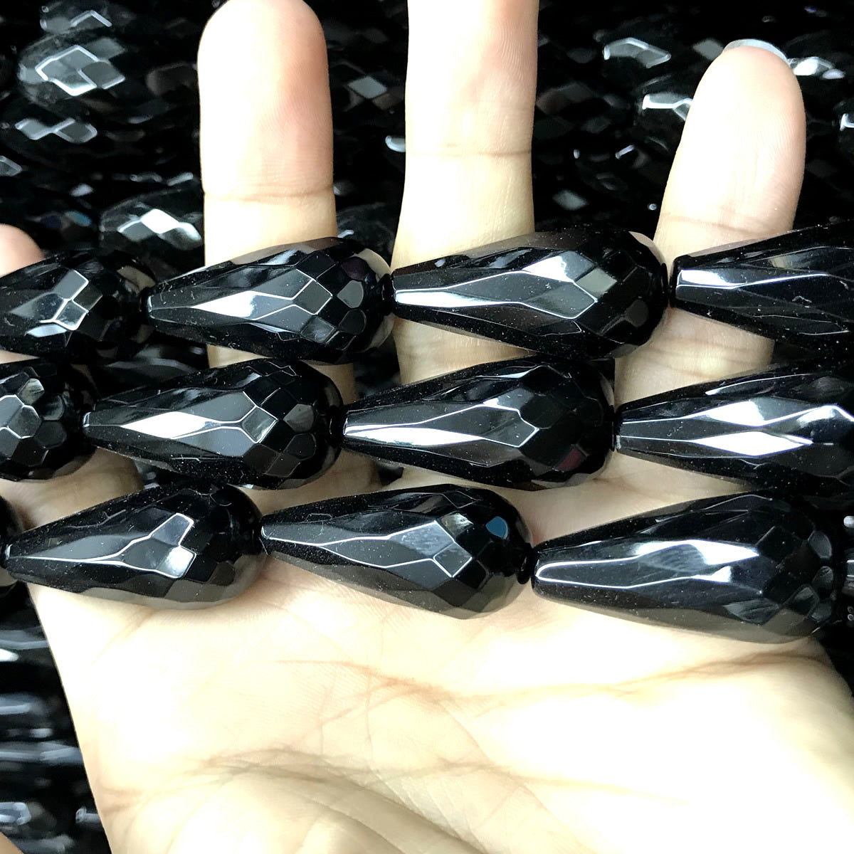 CAG783 Black Agate Beads Faceted Teardrop 15x30mm 15" Strand