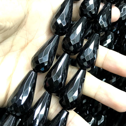 CAG783 Black Agate Beads Faceted Teardrop 15x30mm 15" Strand