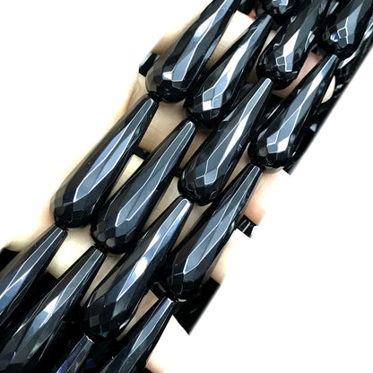 CAG784 Black Agate Beads Faceted Teardrop 12x40mm 15" Strand