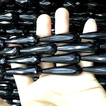 CAG784 Black Agate Beads Faceted Teardrop 12x40mm 15" Strand