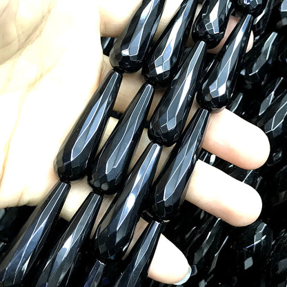 CAG784 Black Agate Beads Faceted Teardrop 12x40mm 15" Strand