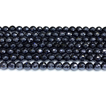 CAG795 Black Agate Beads Electroplated Faceted Round 6mm 15" Strand