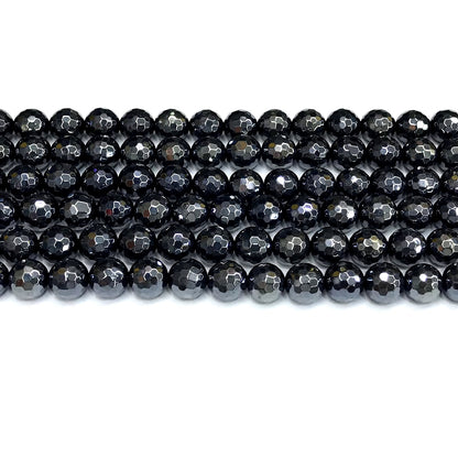 CAG796 Black Agate Beads Electroplated Faceted Round 8mm 15" Strand