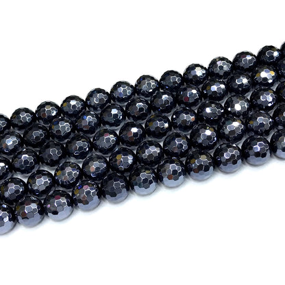 CAG797 Black Agate Beads Electroplated Faceted Round 10mm 15" Strand