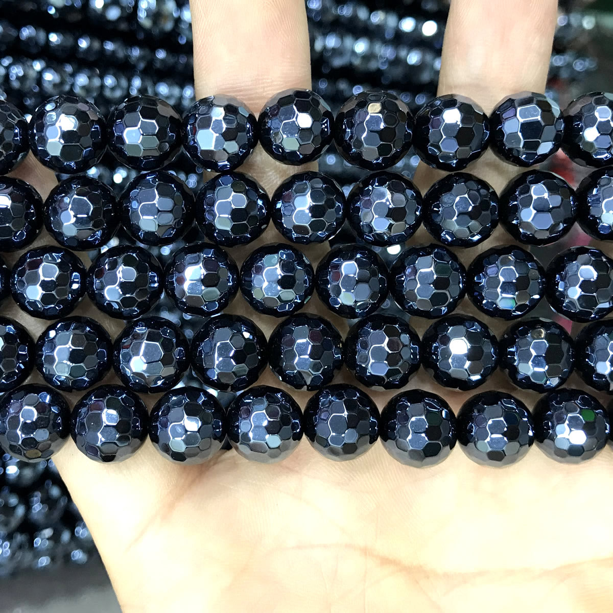 CAG797 Black Agate Beads Electroplated Faceted Round 10mm 15" Strand