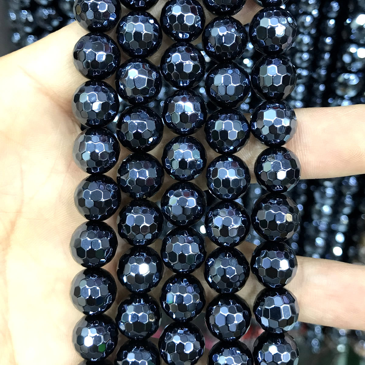 CAG797 Black Agate Beads Electroplated Faceted Round 10mm 15" Strand