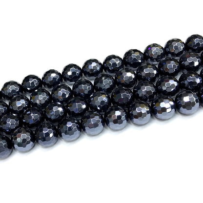 CAG798 Black Agate Beads Electroplated Faceted Round 12mm 15" Strand