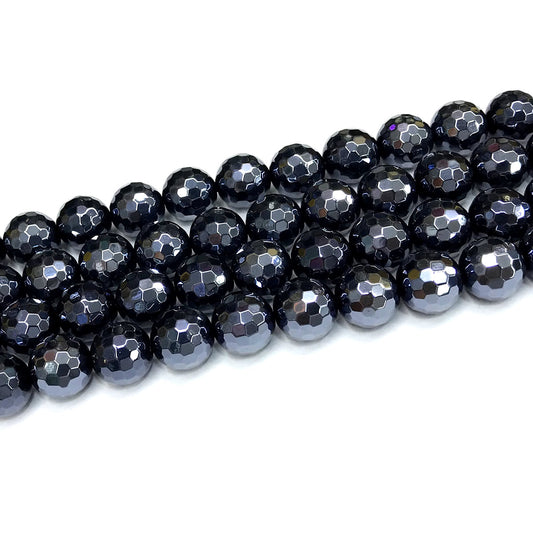 CAG798 Black Agate Beads Electroplated Faceted Round 12mm 15" Strand