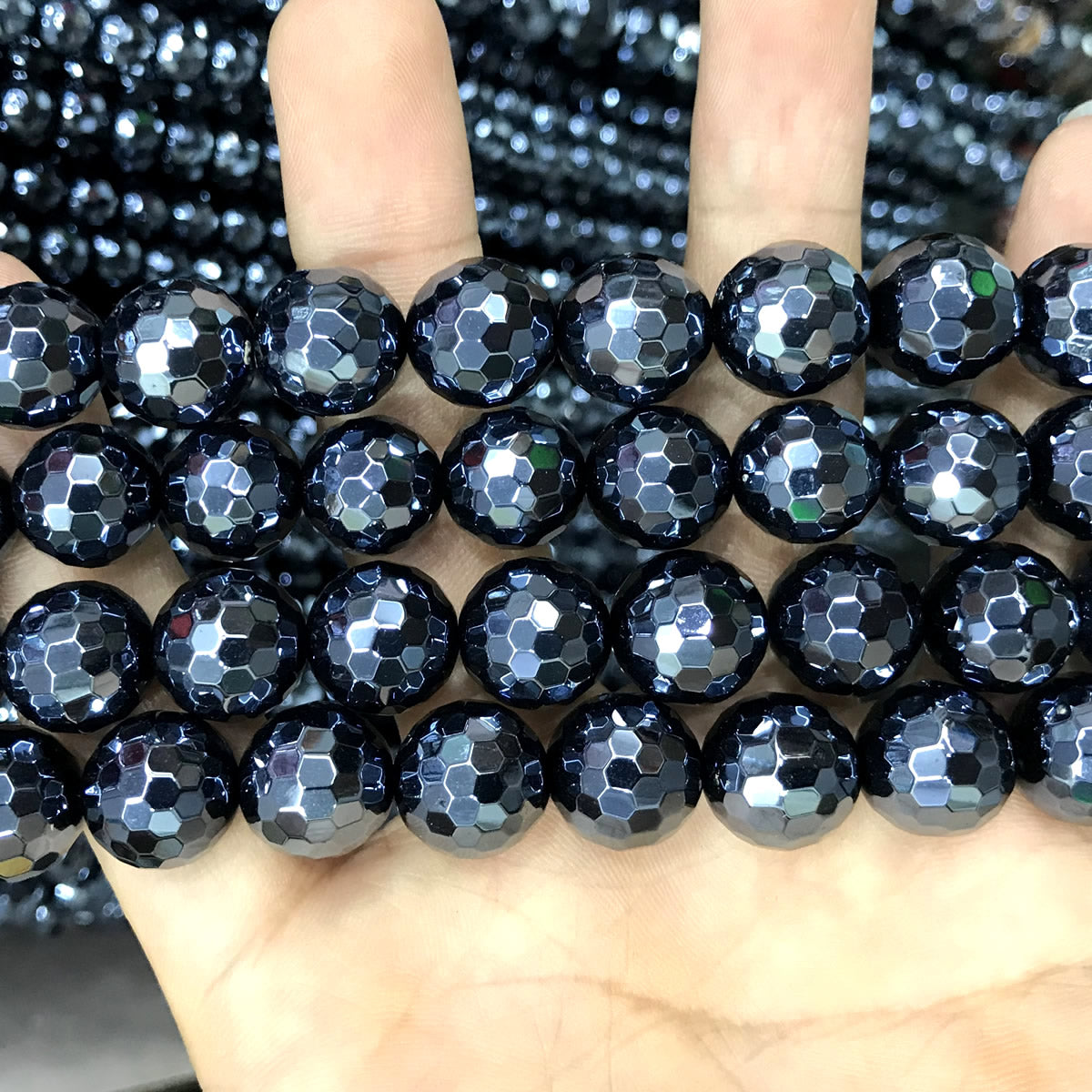 CAG798 Black Agate Beads Electroplated Faceted Round 12mm 15" Strand