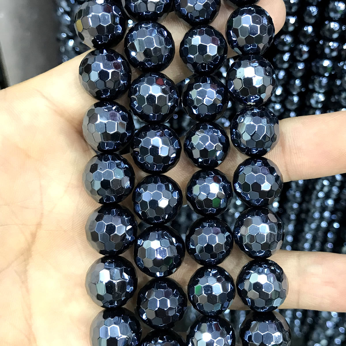 CAG798 Black Agate Beads Electroplated Faceted Round 12mm 15" Strand