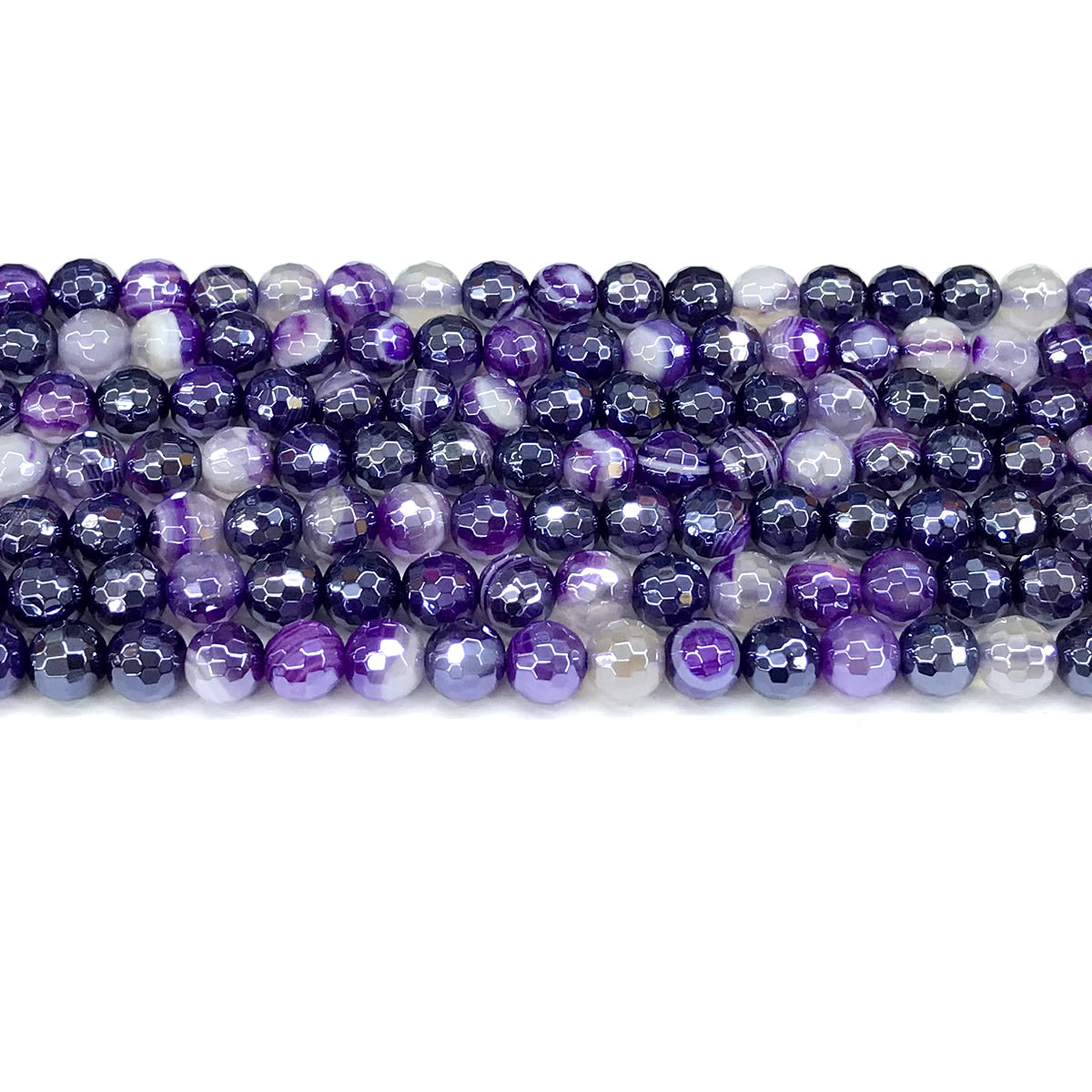 CAG810 Banded Agate Beads Electroplated Faceted Round 6mm 15" Strand