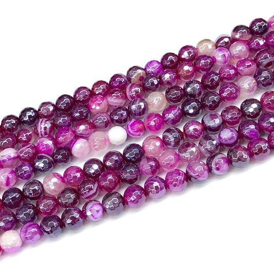 CAG815 Banded Agate Beads Electroplated Faceted Round 6mm 15" Strand