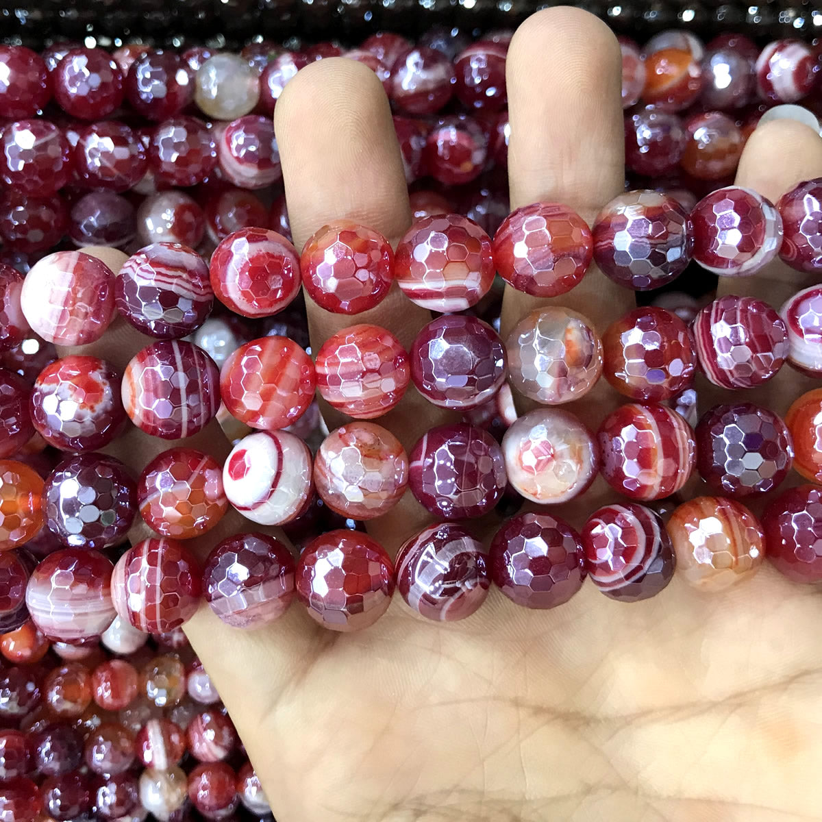 CAG822 Banded Agate Beads Electroplated Faceted Round 10mm 15" Strand