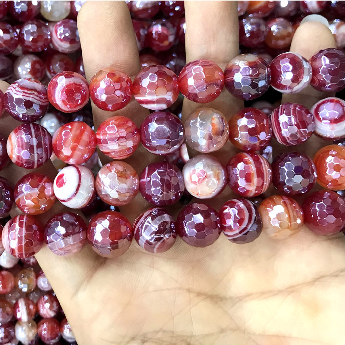 CAG823 Banded Agate Beads Electroplated Faceted Round 12mm 15" Strand