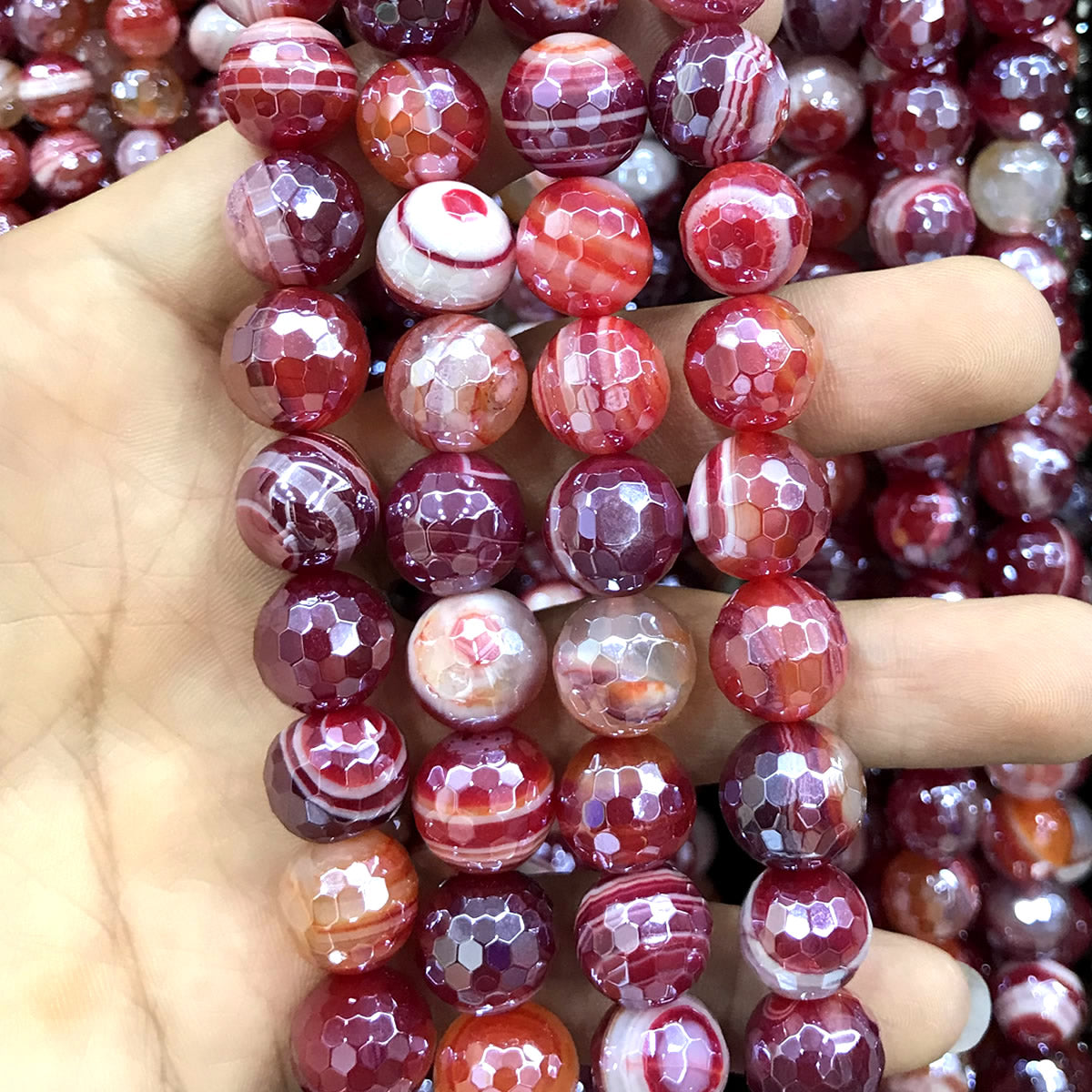 CAG823 Banded Agate Beads Electroplated Faceted Round 12mm 15" Strand