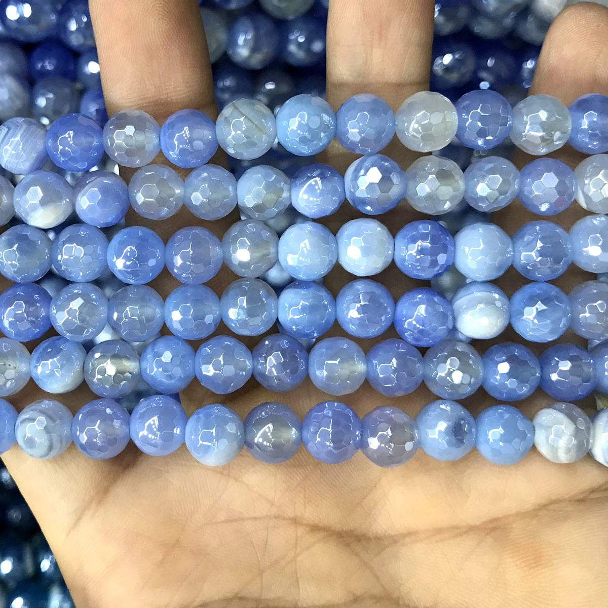 CAG826 Banded Agate Beads Electroplated Faceted Round 8mm 15" Strand