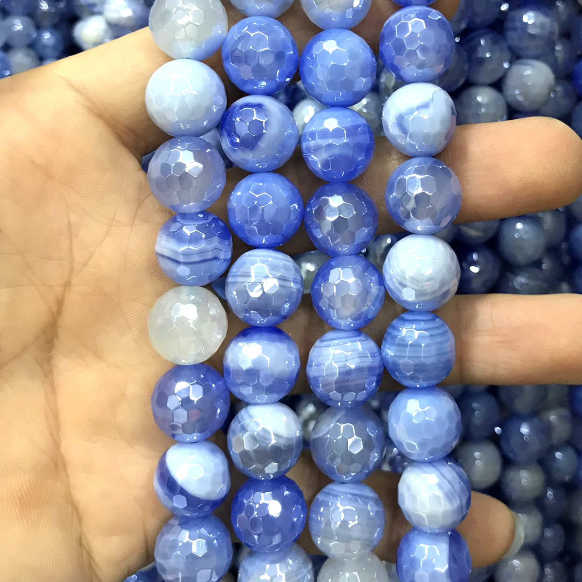 CAG828 Banded Agate Beads Electroplated Faceted Round 12mm 15" Strand