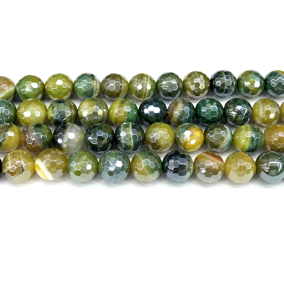 CAG848 Banded Agate Beads Electroplated Faceted Round 12mm 15" Strand