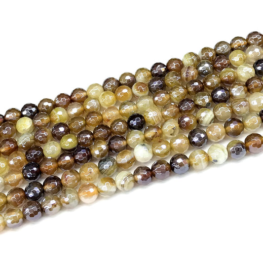 CAG855 Banded Agate Beads Electroplated Faceted Round 6mm 15" Strand