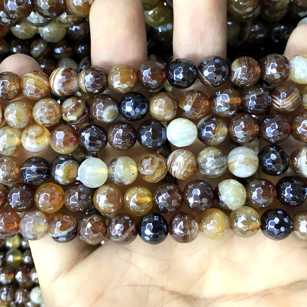 CAG856 Banded Agate Beads Electroplated Faceted Round 8mm 15" Strand