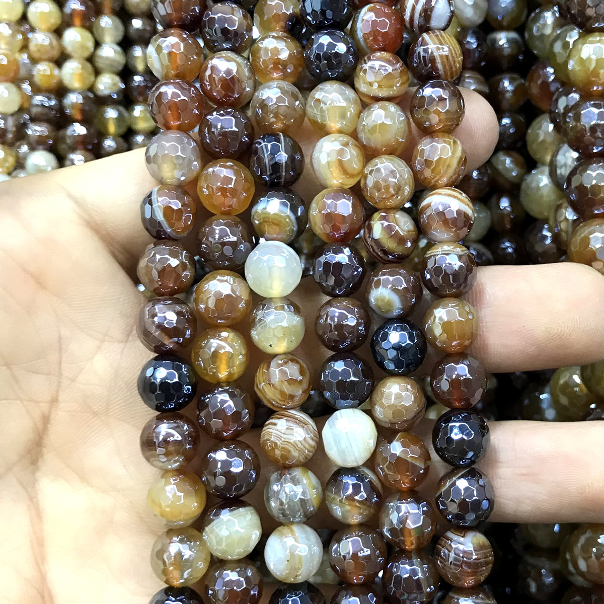 CAG856 Banded Agate Beads Electroplated Faceted Round 8mm 15" Strand