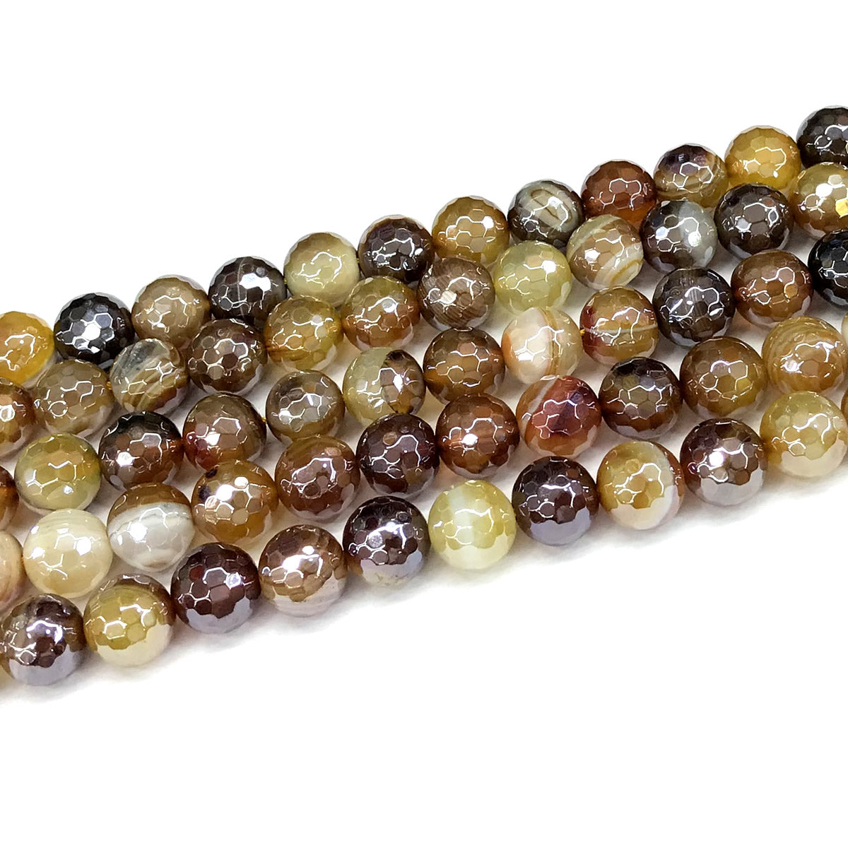 CAG857 Banded Agate Beads Electroplated Faceted Round 10mm 15" Strand