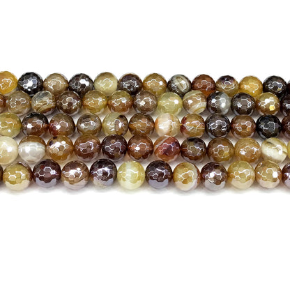 CAG857 Banded Agate Beads Electroplated Faceted Round 10mm 15" Strand