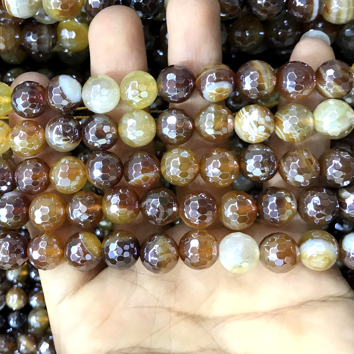 CAG857 Banded Agate Beads Electroplated Faceted Round 10mm 15" Strand