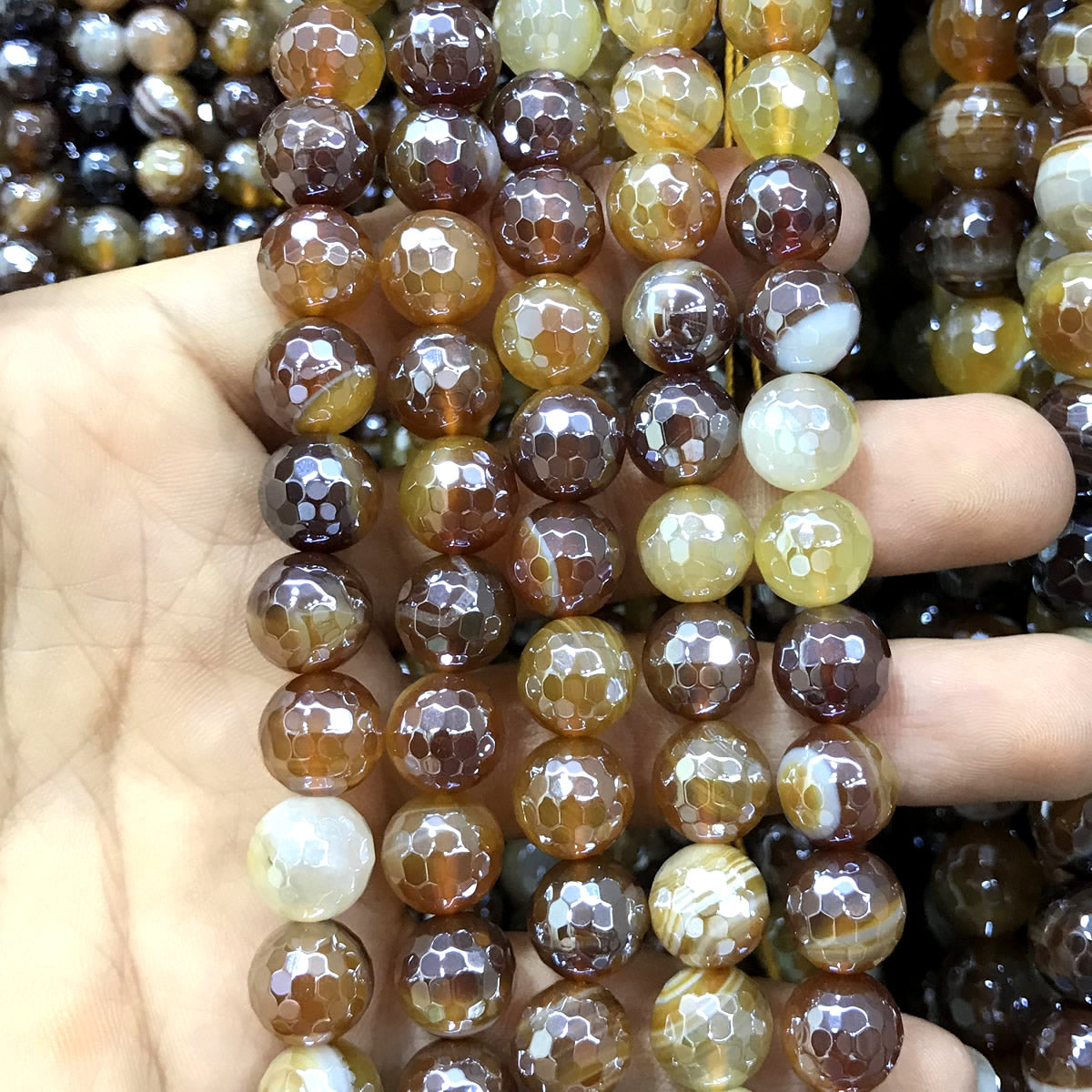 CAG857 Banded Agate Beads Electroplated Faceted Round 10mm 15" Strand