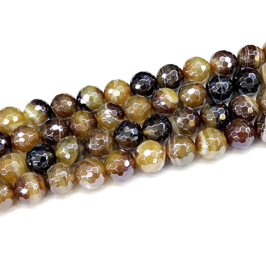 CAG858 Banded Agate Beads Electroplated Faceted Round 12mm 15" Strand