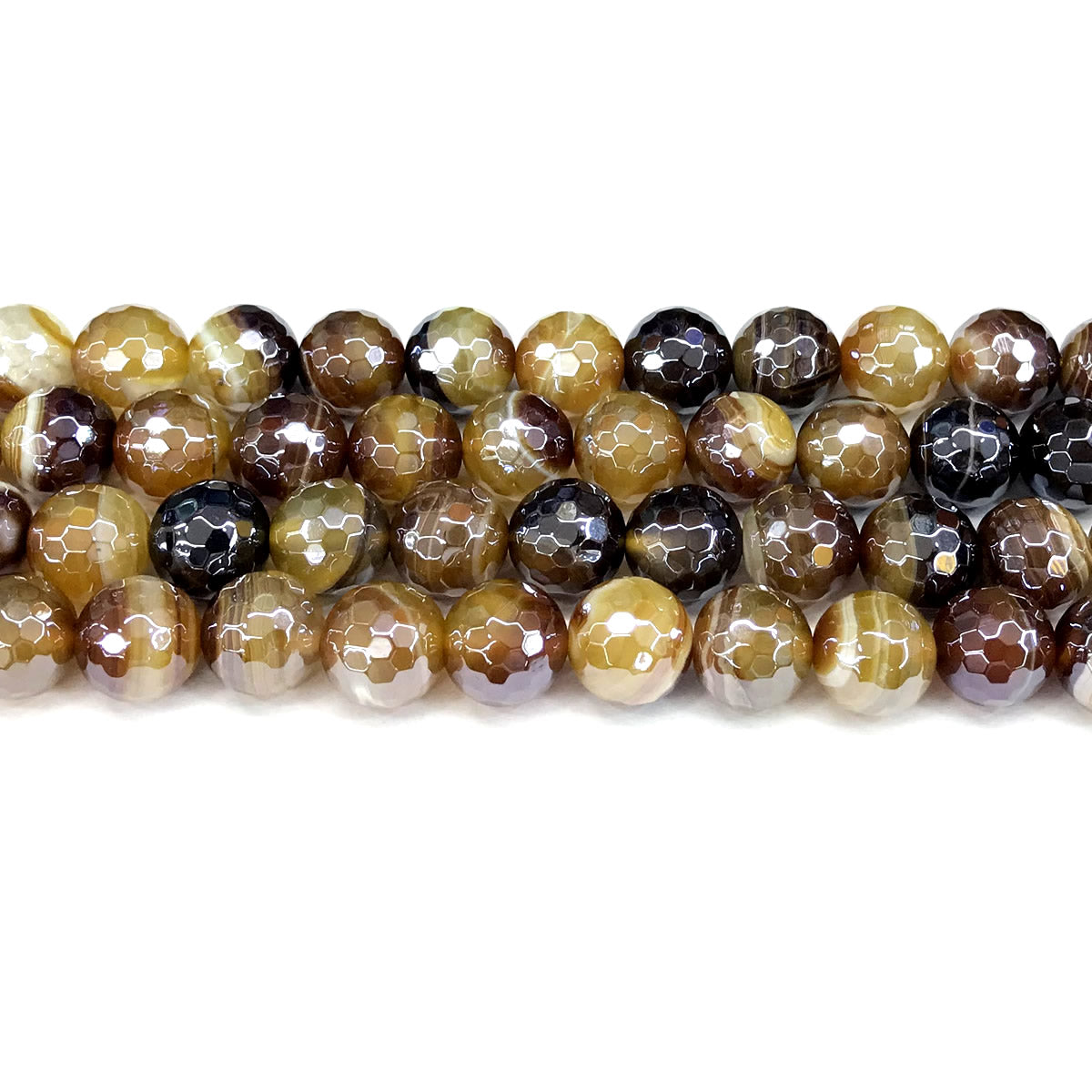 CAG858 Banded Agate Beads Electroplated Faceted Round 12mm 15" Strand