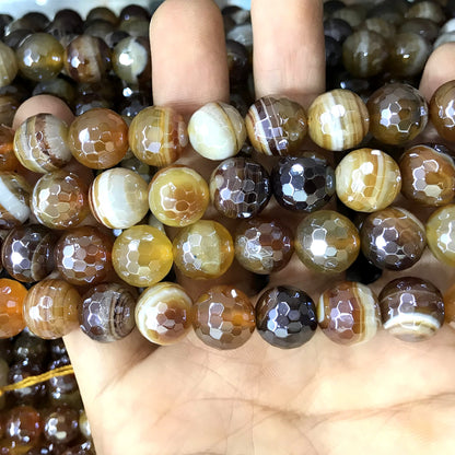 CAG858 Banded Agate Beads Electroplated Faceted Round 12mm 15" Strand