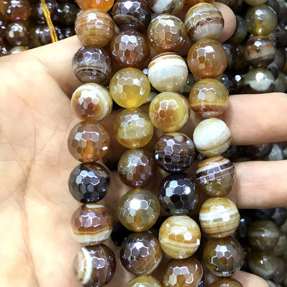 CAG858 Banded Agate Beads Electroplated Faceted Round 12mm 15" Strand