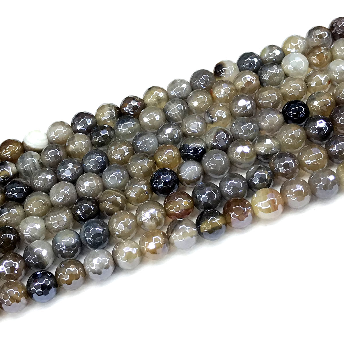 CAG860 Banded Agate Beads Electroplated Faceted Round 6mm 15" Strand