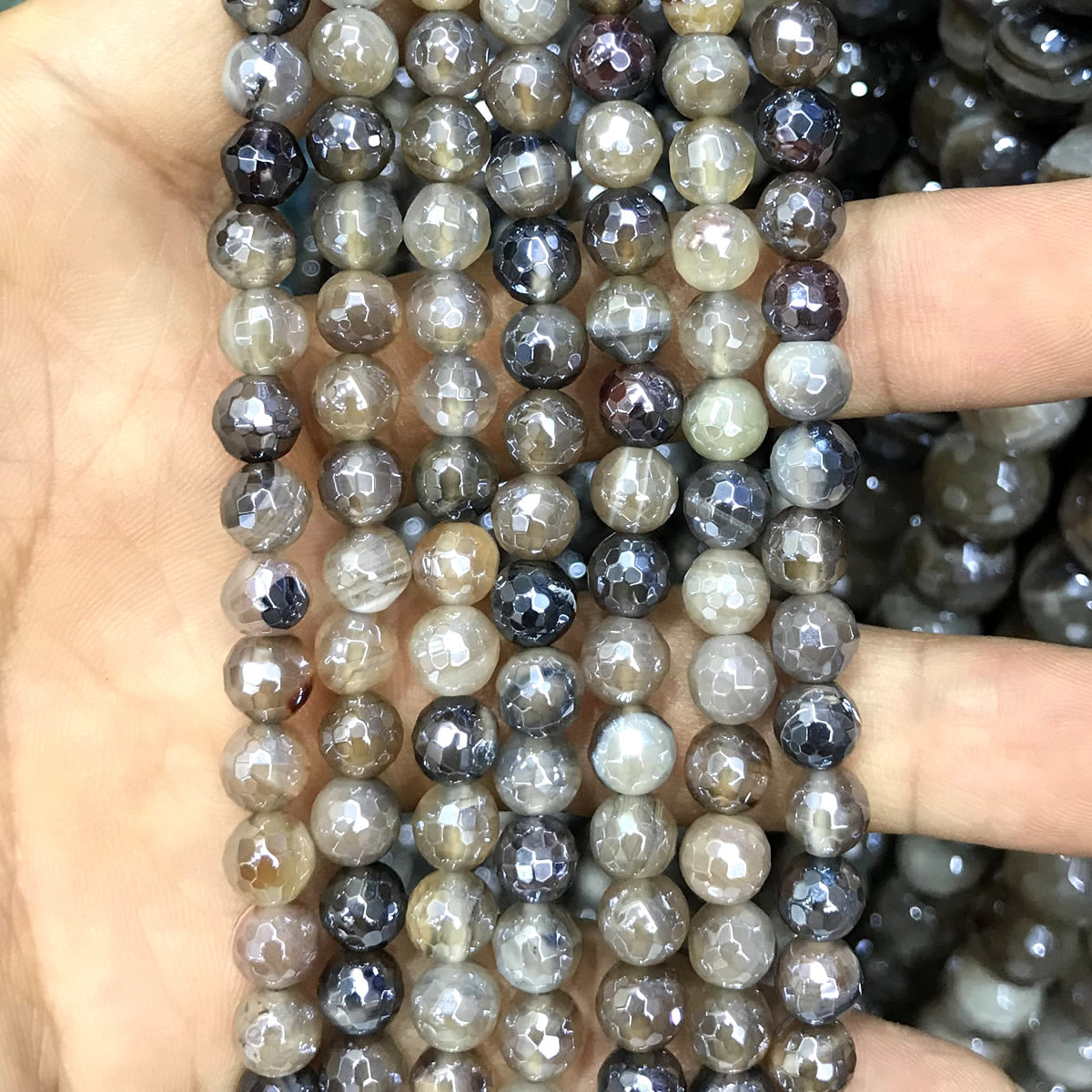 CAG860 Banded Agate Beads Electroplated Faceted Round 6mm 15" Strand